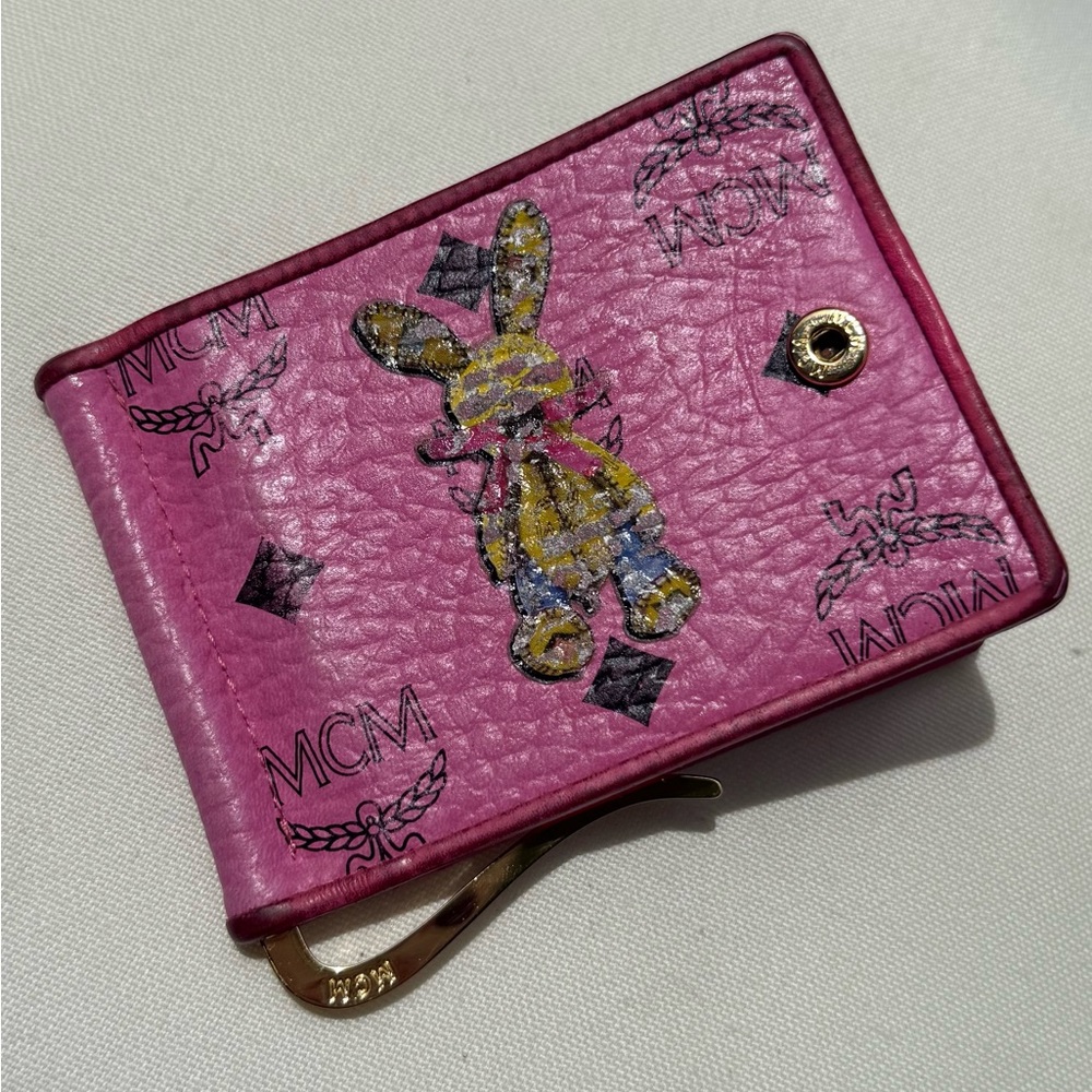 MCM Pink Textured Wallet with Playful Bunny Design